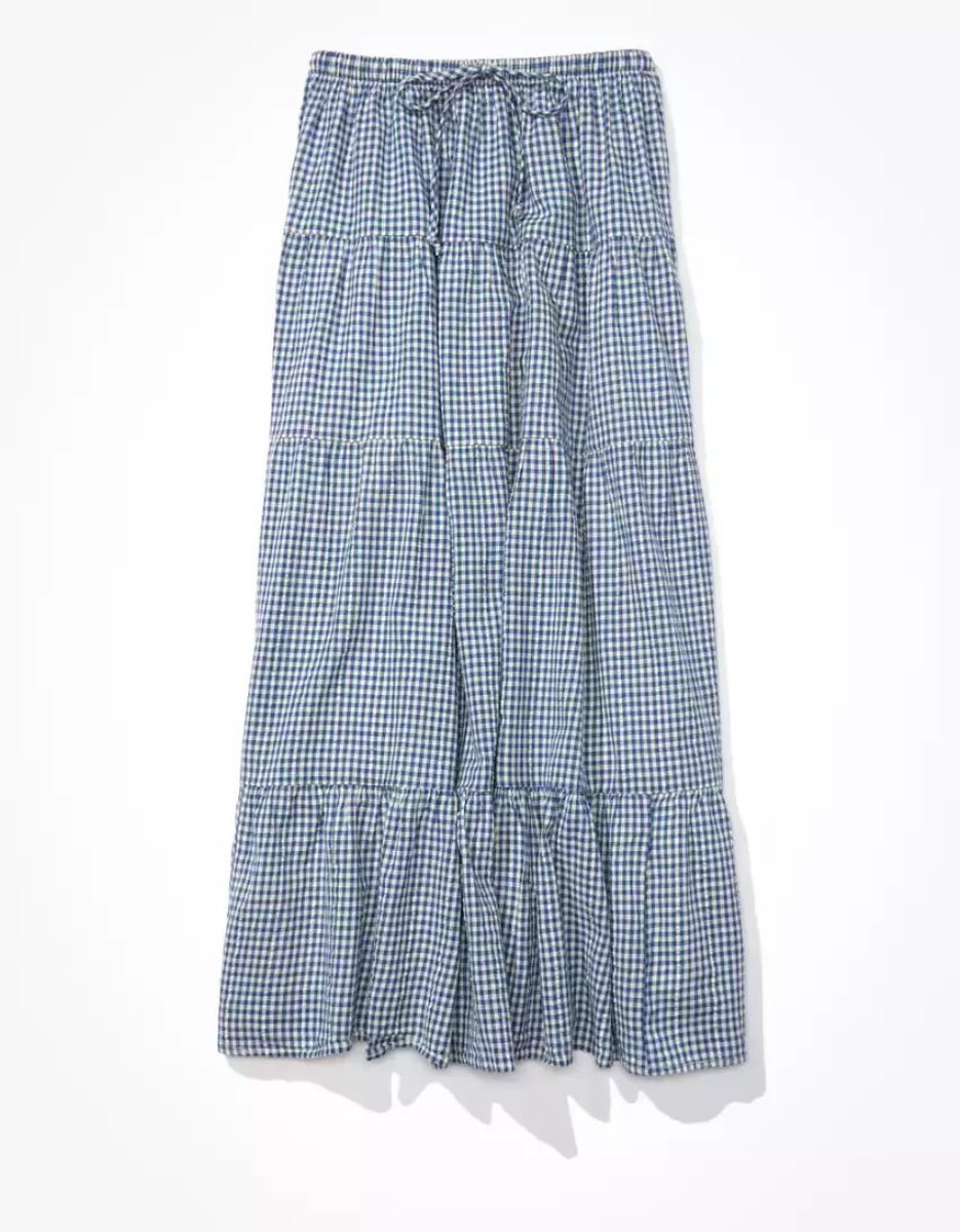 Jupes American Eagle AE Gingham Tiered Midi Bleu Marine Femme | OLK-32147003